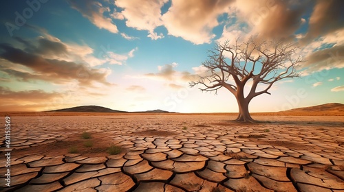Dead trees on dry cracked earth metaphor Drought, Water crisis and World Climate change, Generative AI