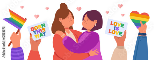People supporting happy lesbian couple vector illustration. Cartoon drawing of hands holding rainbow flag and heart, homosexual women hugging. LGBT community, equality, love, propaganda concept