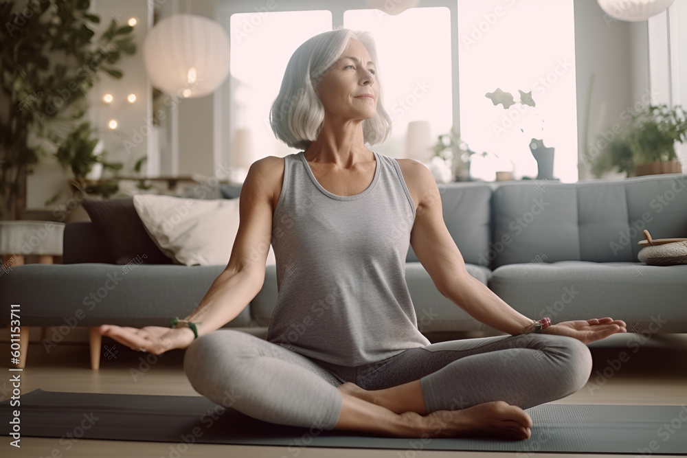 Middle-aged woman, 50, with gray hair, practicing yoga at home in living room, generative AI. Middle-aged woman, 50, with gray hair, practicing yoga at home in living room, generative AI.