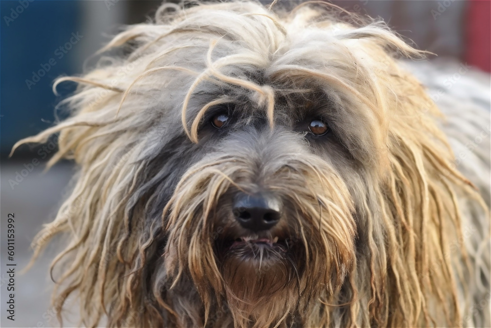 Homeless shaggy dirty dog close-up on city street looks with sad eyes. AI generated content
