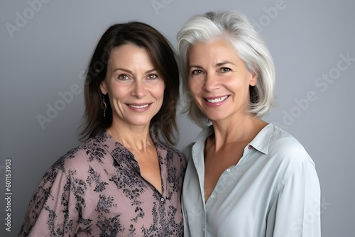 Two beautiful women, one middle aged 50 years, with gray hair and the other dark haired, closeup portrait, generative AI.