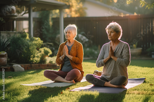 Two middle aged women 50 years old with gray hair practicing yoga in the garden, generative AI.