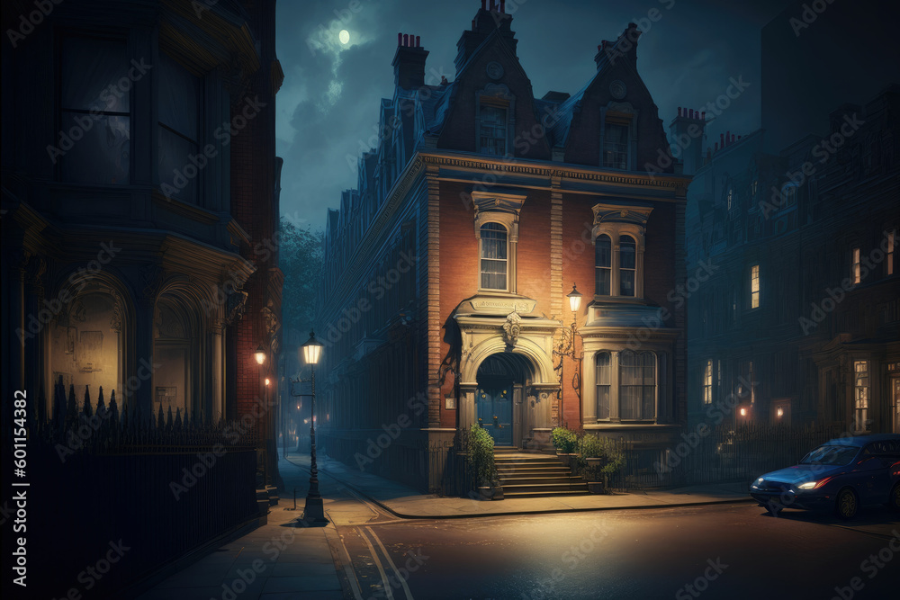 Fototapeta premium Old European city street landscape, night city in the rain painting, historical cityscape, London street of 19th century ,made with Generative AI