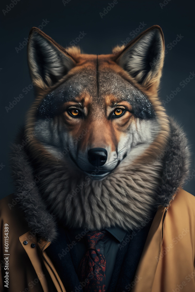 Elegant wolf in a jacket with fur ,made with Generative AI