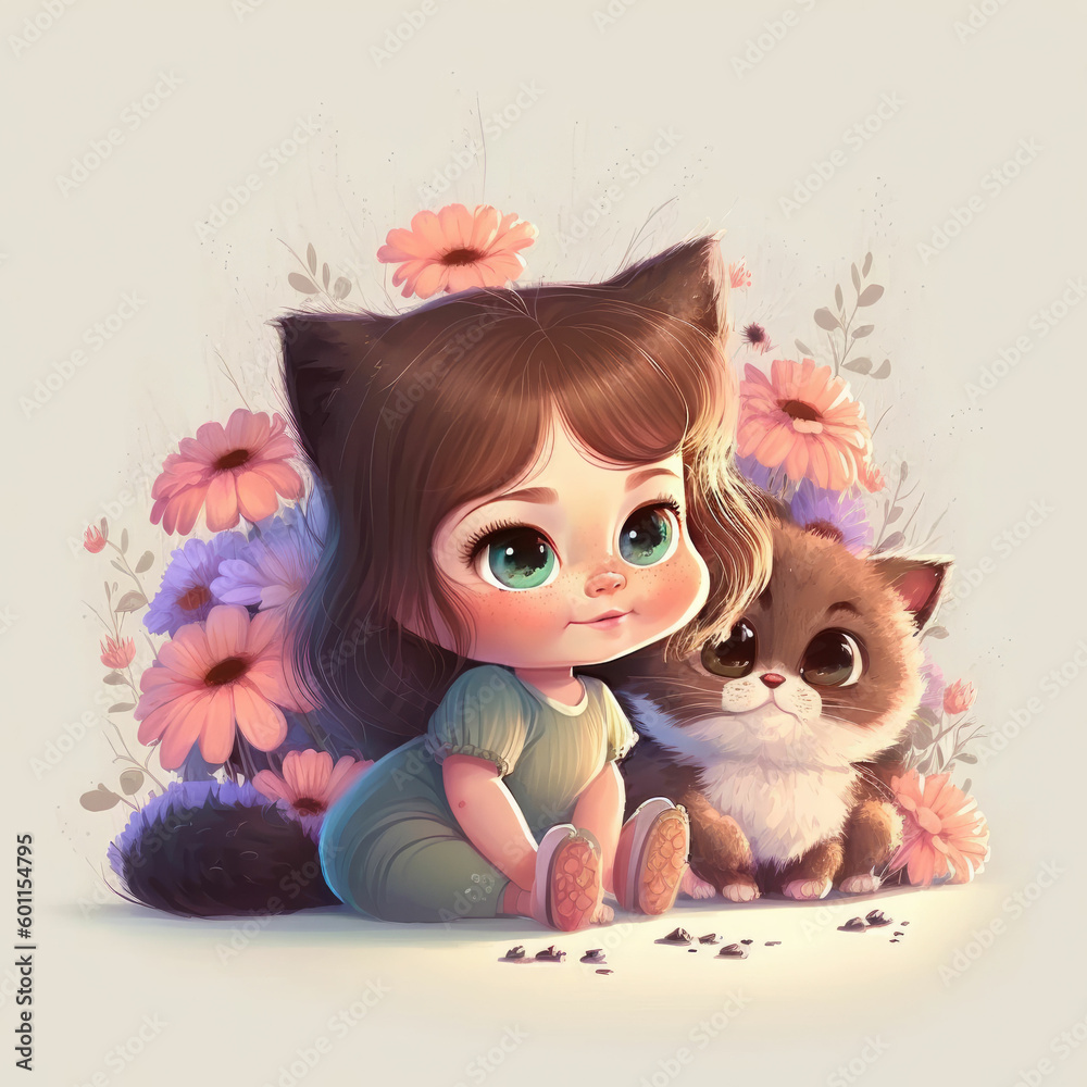 Adorable little girl with a cat ,made with Generative AI Adorable little girl with a cat ,made with Generative AI