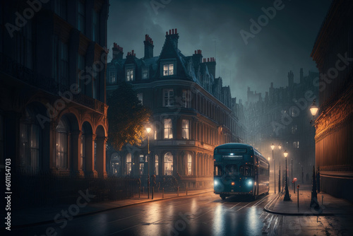 Fototapeta Naklejka Na Ścianę i Meble -  Old European city street landscape, night city in the rain painting, historical cityscape, London street of 19th century ,made with Generative AI