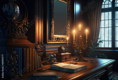 Luxurious house library interior. Elegantly furnished desk area ,made with Generative AI