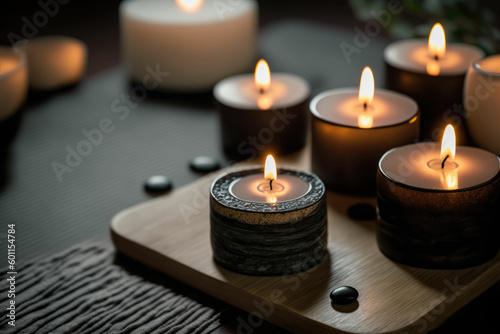 Candles and black hot stone on wooden background. Hot stone massage setting lit by candles. Beauty spa treatment and relax concept  made with Generative AI