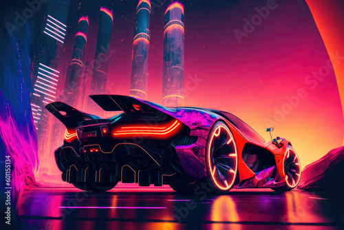 Supersport car parked on the street at cyberpunk city illuminated with neon light ,made with Generative AI