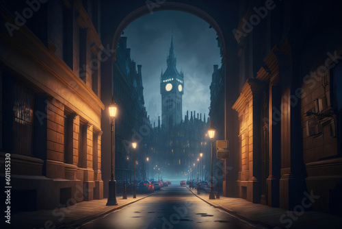 Old European city street landscape, night city in the rain painting, historical cityscape, London street of 19th century ,made with Generative AI © DNY3D