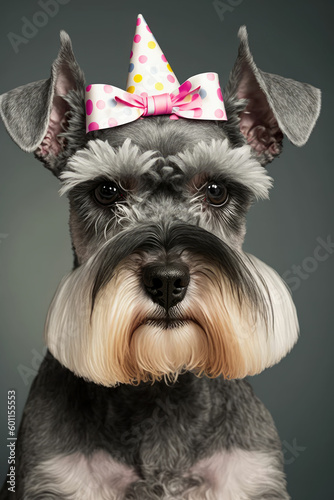 Curious Schnauzer dog with party gat ,made with Generative AI