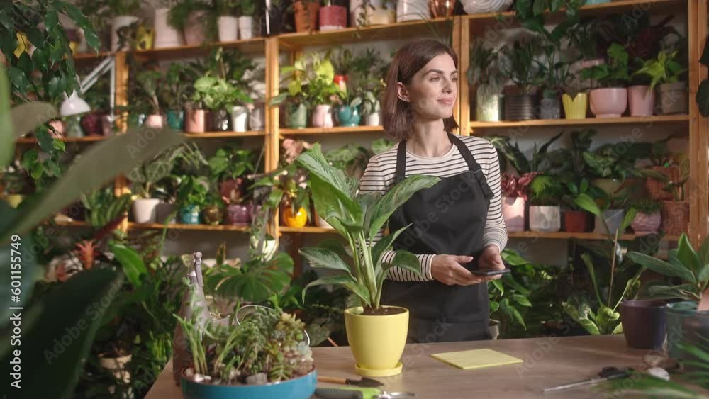 Beautiful Caucasian female worker using mobile phone at botanical store. Young woman with apron typing message to friend. Around lady located decorative plants and herbs. Remotely communicating. Beautiful Caucasian female worker using mobile phone at botanical store. Young woman with apron typing message to friend. Around lady located decorative plants and herbs. Remotely communicating.