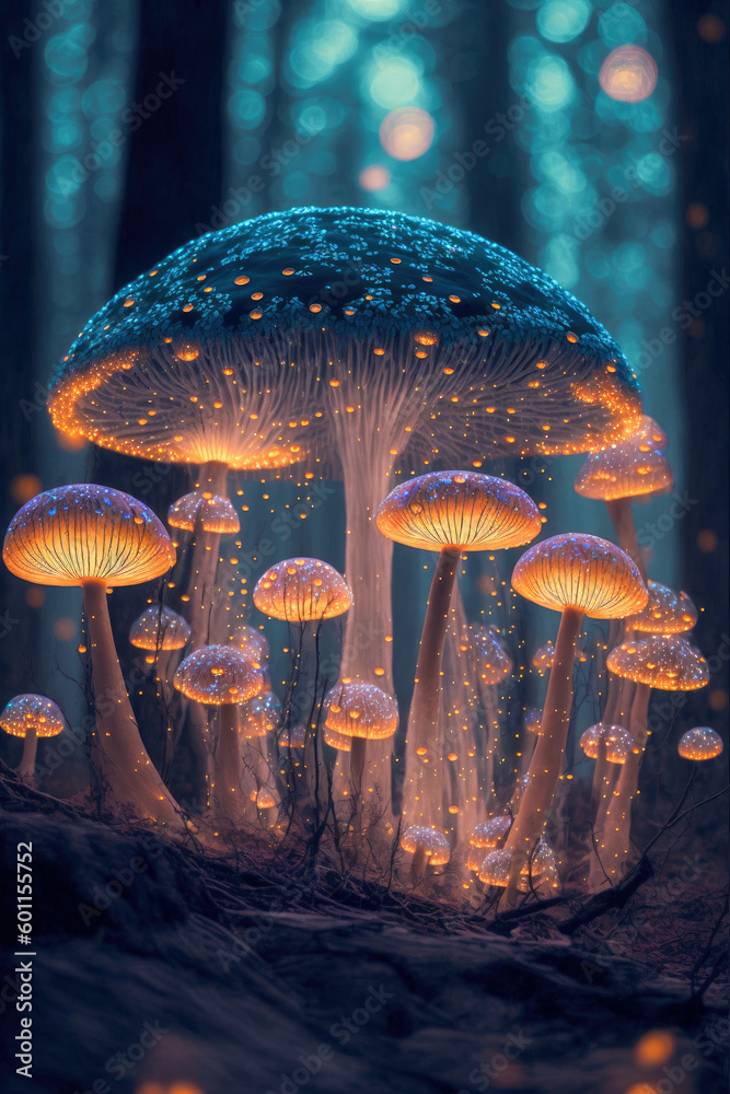 Fototapeta premium Blue glowing lit mushrooms ,made with Generative AI