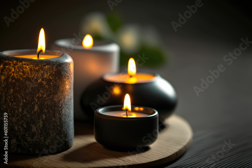 Candles and black hot stone on wooden background. Hot stone massage setting lit by candles. Beauty spa treatment and relax concept ,made with Generative AI