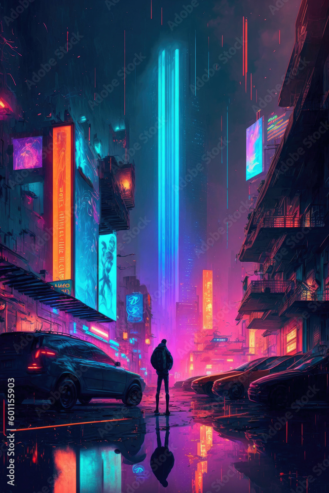 Man in cyberpunk futuristic metropolis ,made with Generative AI Man in cyberpunk futuristic metropolis ,made with Generative AI