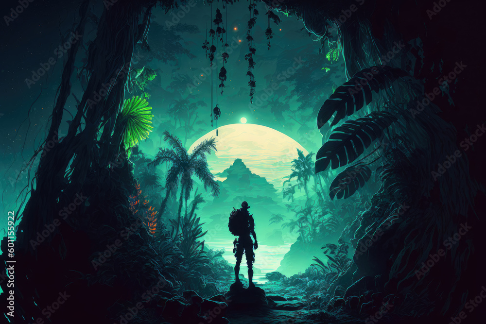 Exotic alien world, tropical night forest is like a fairytale wonderland ,made with Generative AI Exotic alien world, tropical night forest is like a fairytale wonderland ,made with Generative AI