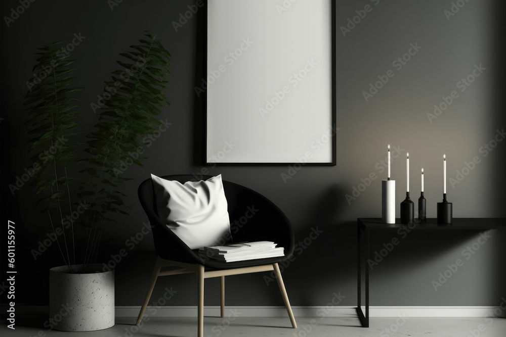 Fototapeta premium Minimalistic monochrome interior with chair, table and blank painting ,made with Generative AI