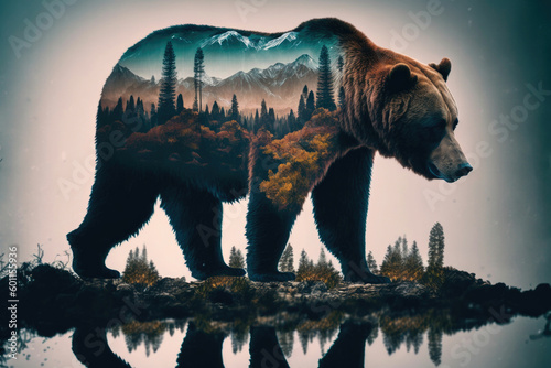 Bear and wild nature, double exposure ,made with Generative AI