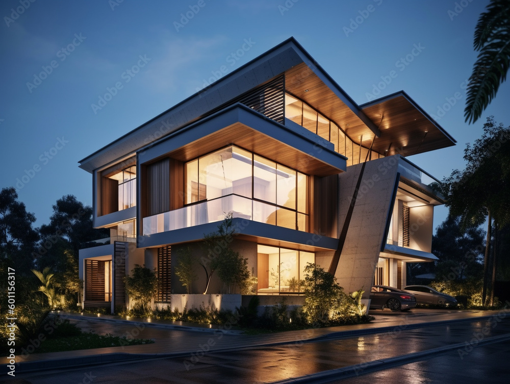 A Well Lit Home with a Contemporary Architecture Design at Night | Generative AI