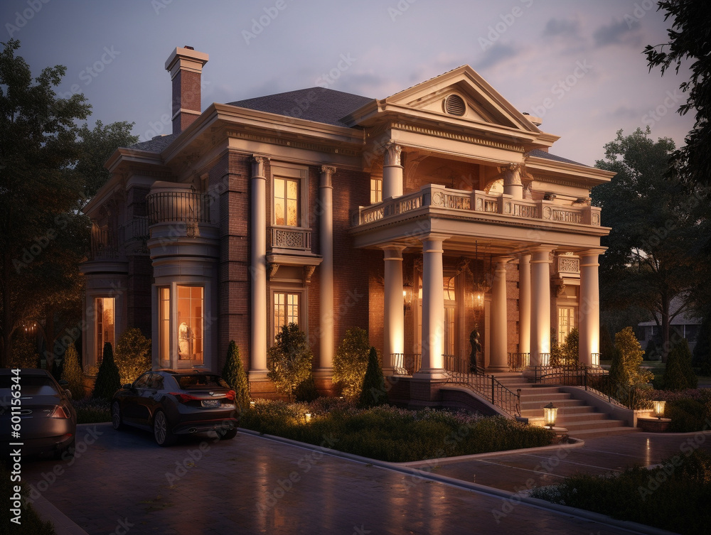 Obraz premium A Well Lit Home with a Georgian Architecture Design at Night | Generative AI