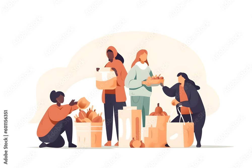 Volunteering at food bank and give groceries to poor tiny person concept, transparent background. Homeless community support with cans, vegetables, bread and water supplies. Generative AI