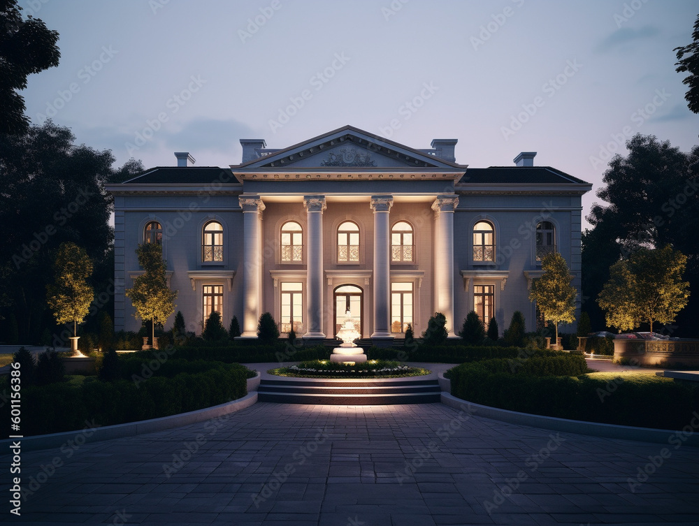 A Well Lit Home with a Neoclassical Architecture Design at Night | Generative AI