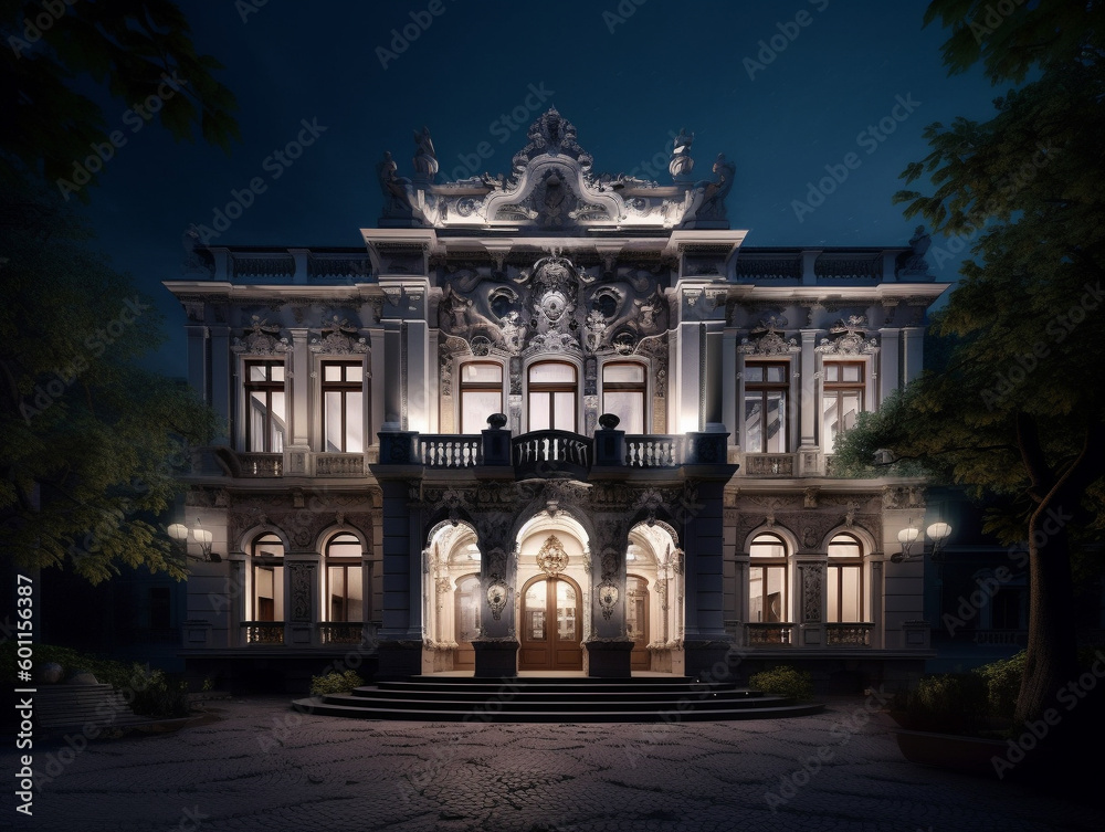 Obraz premium A Well Lit Home with a Neo-Baroque Architecture Design at Night | Generative AI