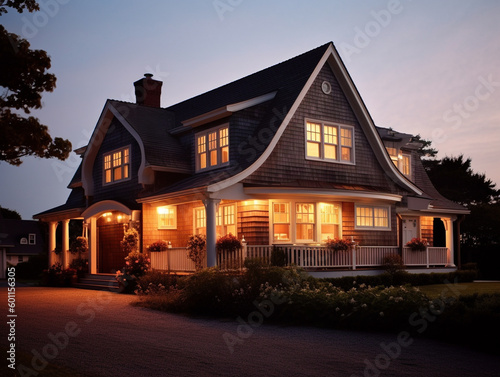 A Well Lit Home with a Cape Cod Architecture Design at Night | Generative AI