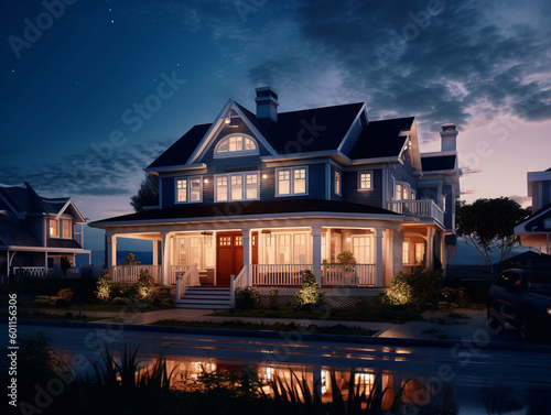 A Well Lit Home with a Coastal Architecture Design at Night | Generative AI