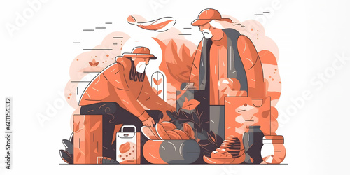 Volunteering at food bank and give groceries to poor tiny person concept, transparent background. Homeless community support with cans, vegetables, bread and water supplies. Generative AI