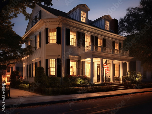 A Well Lit Home with a Colonial Architecture Design at Night | Generative AI