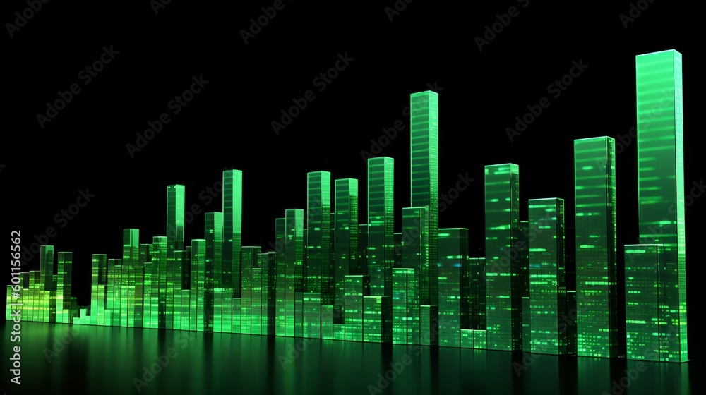 exponential graph, increasing bar graph upward to the right, green, cash increasing, profit, lots of money, business dashboard, (Generative AI)