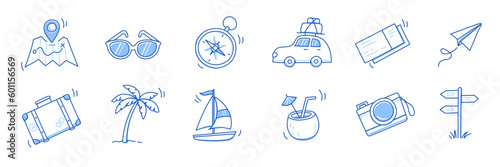 Summer travel vacation drawn icon set. Hand drawn sketch doodle style summer trip, vacation icon. Camera, travel bag, palm doodle element. Funny tourism vector illustration.
