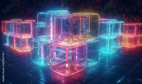 Connected iridescent cubes, 3d rendering, colorful, technology, business