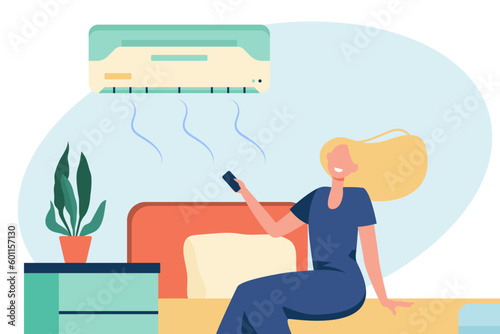 Woman turning air conditioner on in room vector illustration. Cartoon drawing of happy girl controlling temperature in bedroom, air conditioning system. Home appliances, technology, climate concept