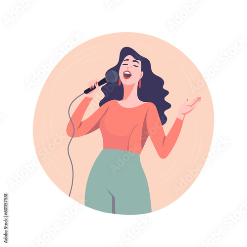 Happy woman singer, rock or pop vocalist singing in microphone. Flat cartoon