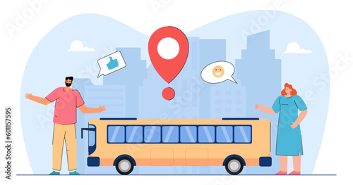 Urban people approving public transport vector illustration. Cartoon drawing of happy man and woman and yellow bus, location pin. Public services, transportation, community concept