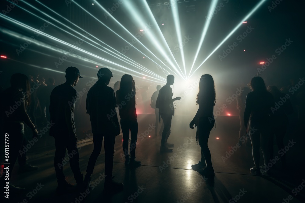 A group of young people dancing in a foggy and atmospheric club setting, surrounded by colorful lights and laser beams. Generative AI