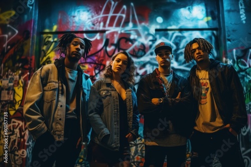 A group of young people posing in front of a neon-lit wall  decorated with colorful graffiti and street art. The image should convey a sense of urban style and creativity. Generative AI