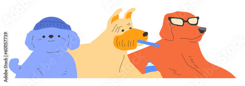 group of cute puppies set. dog wearing a hat, wearing sunglasses, brushing teeth. funny cartoon puppy. illustration in modern style.