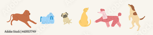 Playful dogs set flat vector illustration. Friendly puppies of different breeds isolated on background. Collection of funny family pets, cute cheerful animals and joyful dogs. group of happy dogs.