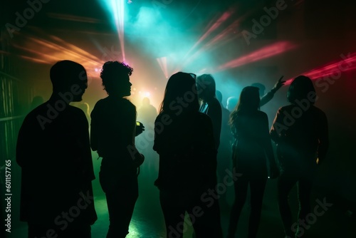 A group of young people dancing in a foggy and atmospheric club setting, surrounded by colorful lights and laser beams. Generative AI