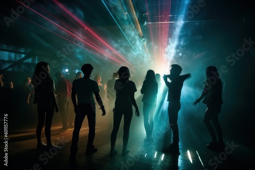 A group of young people dancing in a foggy and atmospheric club setting  surrounded by colorful lights and laser beams. Generative AI