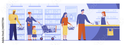 People with groceries standing in queue vector illustration. Drawing of cashier at checkout and shoppers in line with baskets and carts, customer paying for products. Shopping, commerce concept