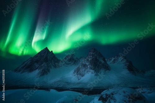 Northern lights over snowy peaks. Generative AI © Zarek