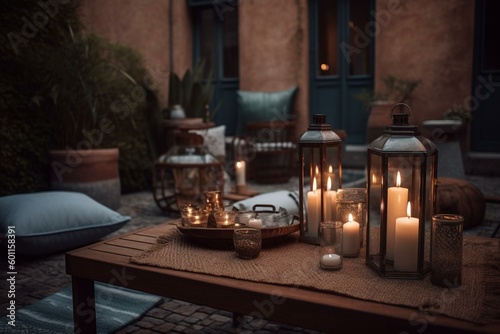Calm outdoor space with lit candles. Generative AI