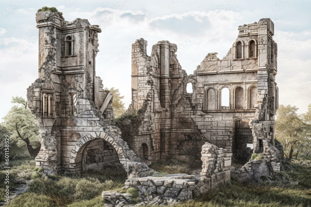 Detailed illustration of ancient castle ruins on white background. Generative AI