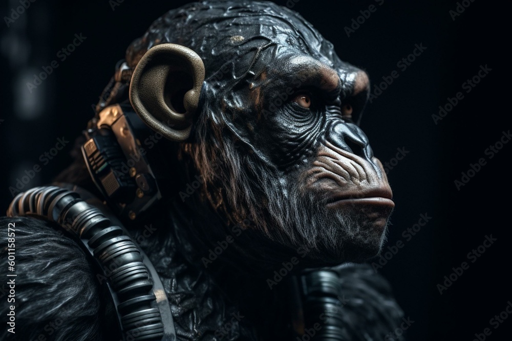 Chimpanzee in futuristic armor for commercial ads. Generative AI