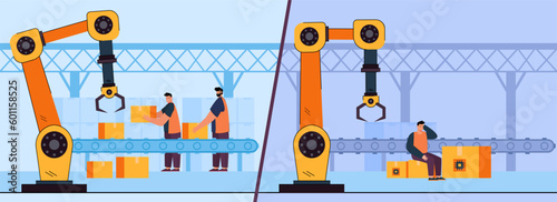 Busy and jobless factory workers vector illustration. Cartoon drawing of happy and sad industrial employees, reduction of memory chip production. Bankruptcy or crisis, company failure concept