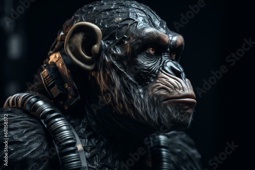 Chimpanzee in futuristic armor for commercial ads. Generative AI